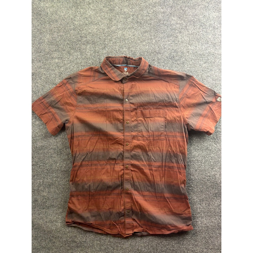 KUHL Button Down Shirt Mens Medium Rust Brown Striped Short Sleeve 7415